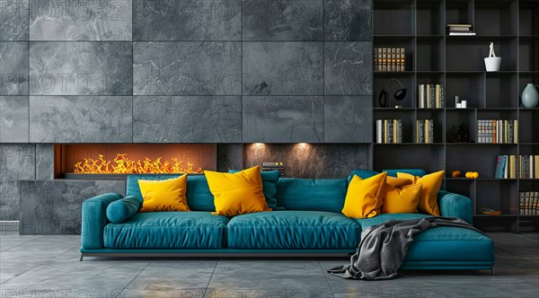 Modern living room in a condo or loft with modern trendy furniture, AI generated