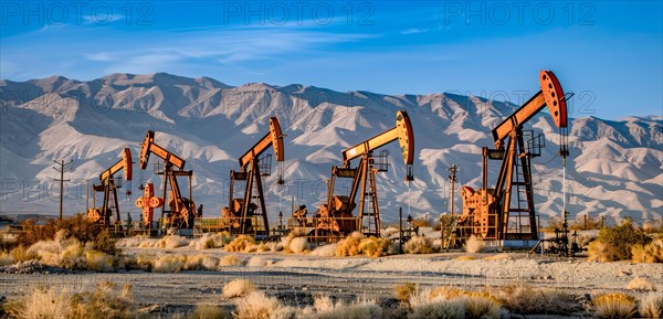 Large oil rig is in the desert. Concept of oil exploration, earth exploitation and corporate greed,