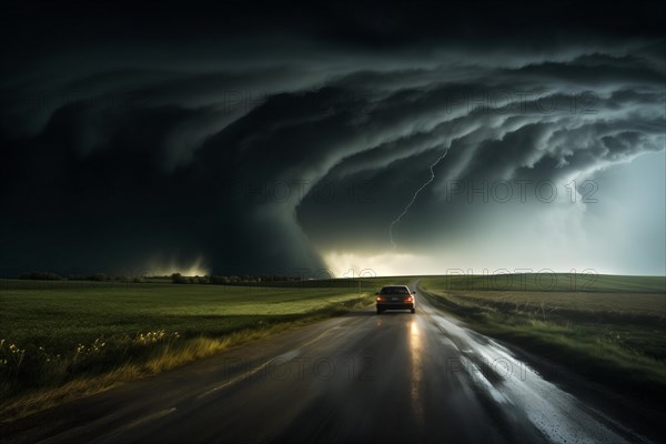 Disaster catastrophe storm concept, tornado in a field in the USA with car on road driving towards