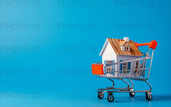 Real estate shopping concept, a house is a shopping cart on blue background, AI generated