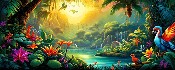 AI generated illustration of an enchanted fairy tale jungle inhabited by magical fantasy animals in