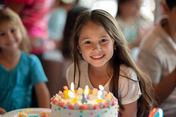 Happy caucasian birthday girl celebrating a party with her friends and a nice birthday cake with