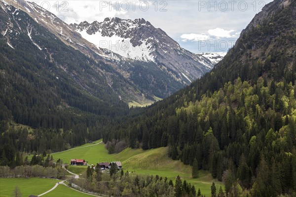 View of the entrance to Gemsteltal, near Mittelberg, behind Elferkopf, Kleinwalsertal, Vorarlberg,
