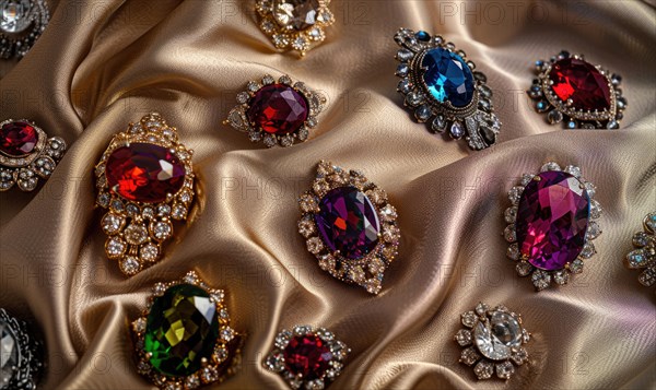 A captivating photograph showcasing a collection of vibrant gemstone brooches arranged on a