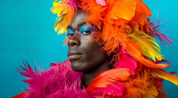 A transgender LGBTQ man wearing a colorful feathery costume with blue, yellow, and red feathers, AI