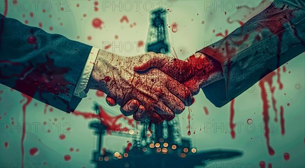 Two men shaking hands with red blood on their hands. Concept of corporate greed and oil industry,