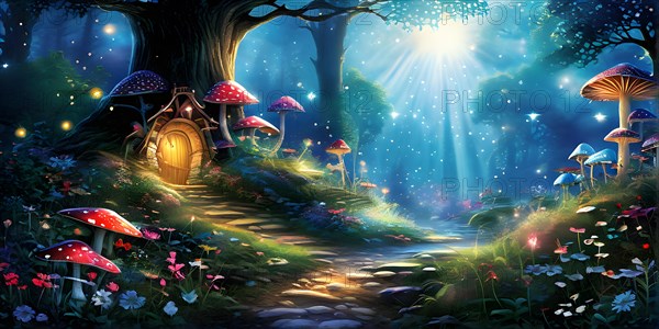 AI generated enchanted forest illustration intertwining trees aglow with magical light
