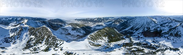 Winter, Alpine panorama with Aiplspitz, Schliersee and Mangfall mountains, Bavarian Prealps,