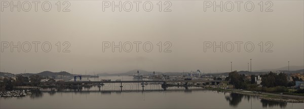 Sahara dust, harbour of Olbia, panoramic view, Olbia, Sardinia, Italy, Europe