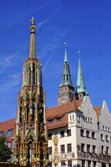 Beautiful fountain on the main market square, Old Town, Nuremberg, Middle Franconia, Franconia,