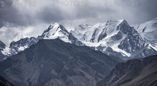 Glaciated and snow-covered mountain peaks, Tian Shan, Sky Mountains, Engilchek Valley, Kyrgyzstan,