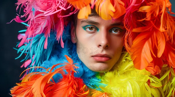 A transgender LGBTQ man wearing a colorful feathery costume with blue, yellow, and red feathers, AI