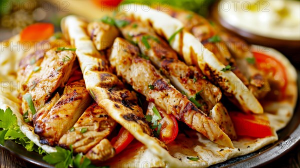 Chicken gyro with tomatoes and tzatziki in pita bread on a plate, AI generated