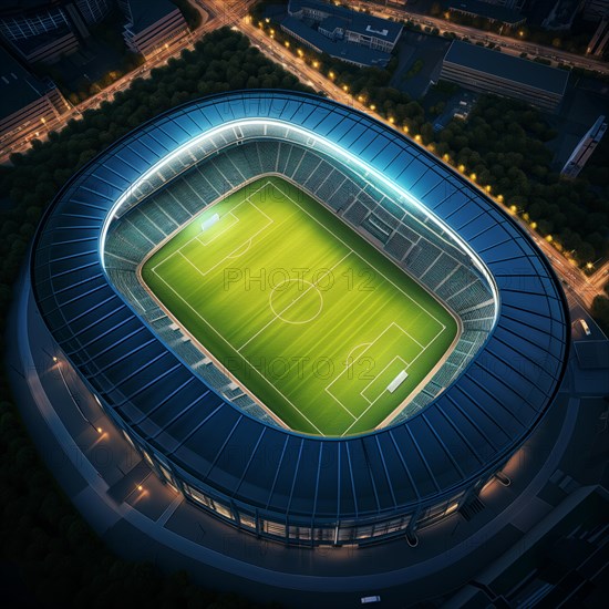 Aerial bird eye top view of a soccer football field stadium in night, AI generated