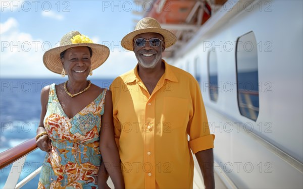 Happy african american senior couple portrait on the deck of their luxury cruise ship. generative
