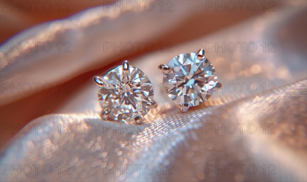 Pair of intricately crafted diamond stud earrings placed on a smooth satin material background AI