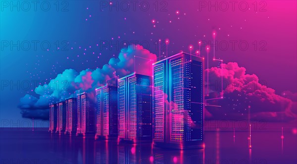 Cloud services concept and server farm supporting SAS cloud applications for enterprise clients, AI