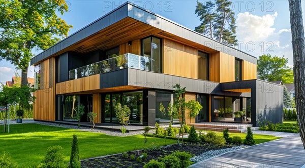 Modern private villa architecture of a house. Luxury property for sale in an upscale community, AI