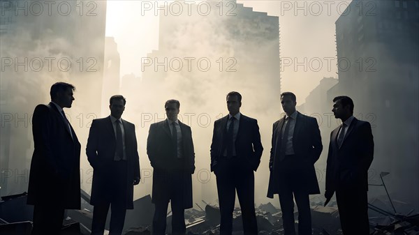 Silhouette of a group of businessman against a backdrop double exposure that reveals a destroyed