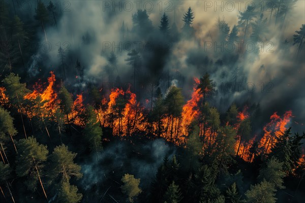 Aerial view of a forest fire is raging through a forest, with smoke and flames visible in the air.
