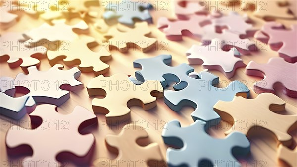 Illustration of scattered puzzle pieces sprawled across as a wallpaper background, AI generated