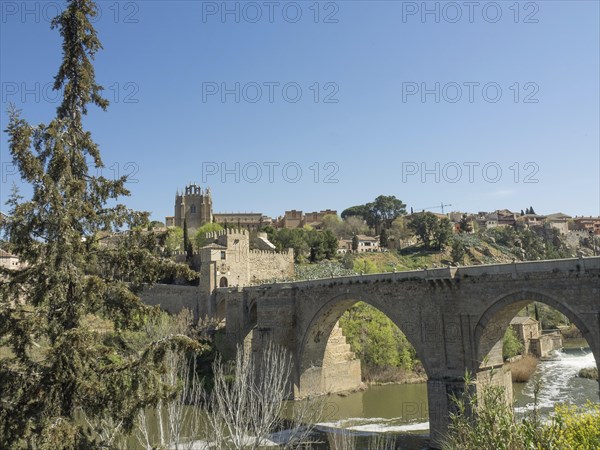 Historic stone bridge over a river with green trees and buildings in the background under a blue