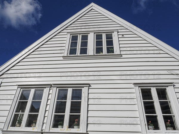Close-up of a white wooden house with several windows in front of a blue sky, white wooden houses