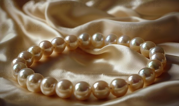 A pearl bangle bracelet with intricate detailing laid out on a smooth satin material background AI