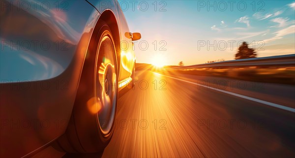 Low angle view of a modern luxury car on a road trip with a sunset in the background, AI generated