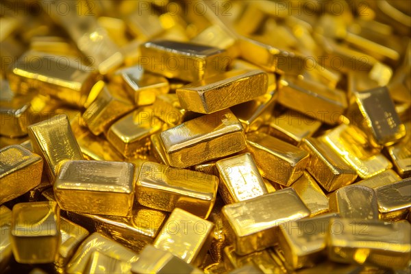 Banking finance concept background, pile of gold bars bullions ingots close up, AI generated