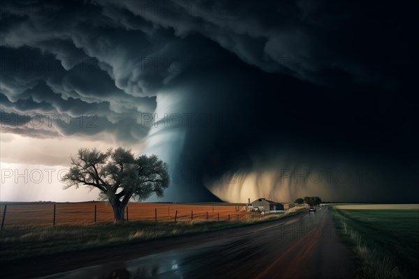 Disaster catastrophe storm concept, tornado in a field in the USA with car on road driving towards