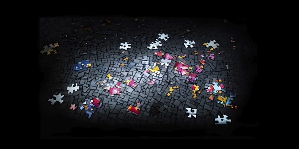 Illustration of scattered puzzle pieces sprawled across as a wallpaper background, AI generated
