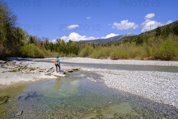Hikers on the adventure trail, Tauglbach, Bad Vigaun, Tennengau, Salzburg province, Austria, Europe