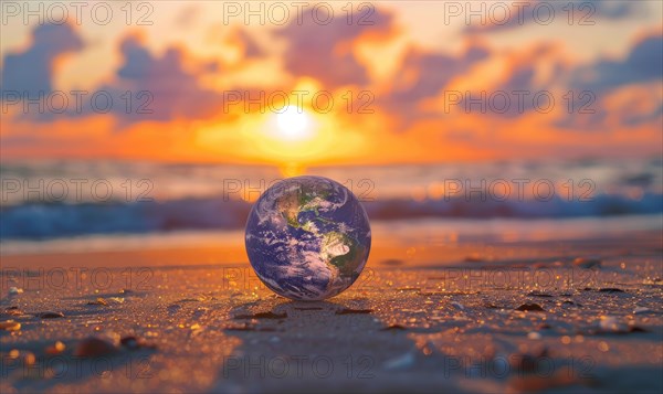 A picture of an Earth globe sitting on a sandy beach with a vibrant sunset sky in the background AI