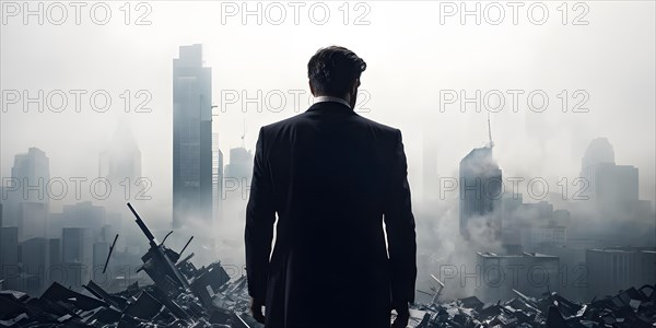 Silhouette of a businessman against a backdrop double exposure that reveals a destroyed cityscape,