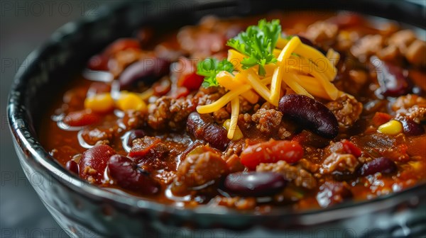 A hearty bowl of chili with beans, beef, and topped with shredded cheese, AI generated