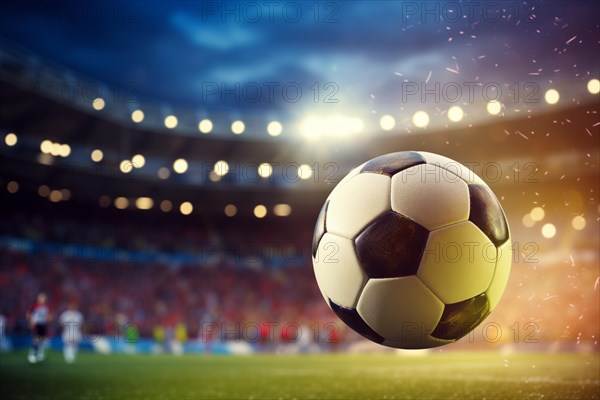 A soccer ball is in the air on football stadium, surrounded by players on a field during the game,