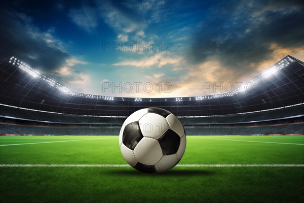 A soccer ball on a green field in soccer football stadium in evening with floodlights lights, AI