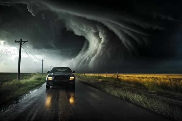 Disaster catastrophe storm concept, tornado in a field in the USA with car on road escaping tornado