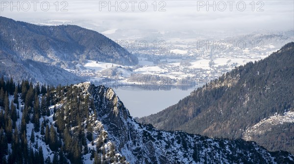 View of Schliersee and the foothills of the Alps in winter with snow, Mangfall mountains, Bavarian