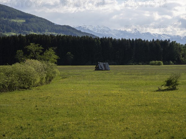 Meadow with hay barn, snow-covered mountain peaks behind, near Irdning, Ennstal, Styria