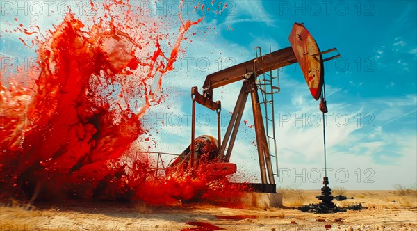 Oil rig pumping blood from the earth. Concept of earth resource exploitation and corporate greed,
