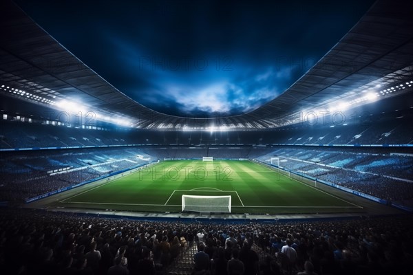 A soccer field with a large crowd of people spectators fans watching the game in evening. The