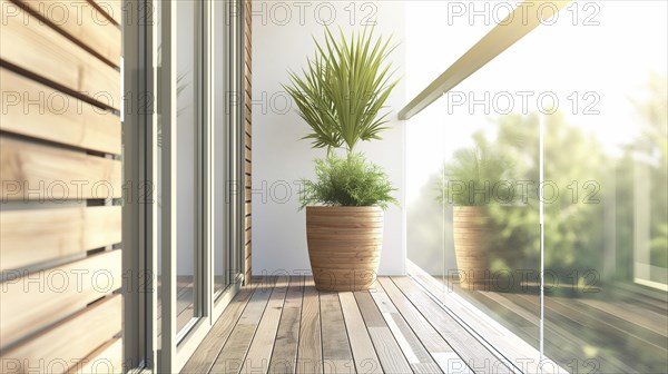 A balcony with a glass railing and a potted plant. AI generated