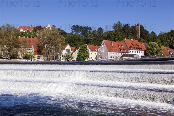 Historic old town centre of Landsberg am Lech, in front of the Lech weir, Upper Bavaria, Bavaria,