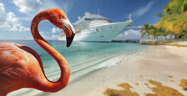 Beautiful tropical flamingo on the sandy shore with docked cruise ship in the background