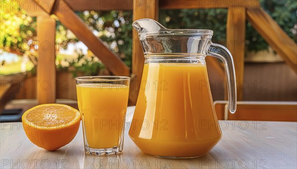 A glass of orange juice and a carafe on a wooden table outside, sunny background, AI generated, AI