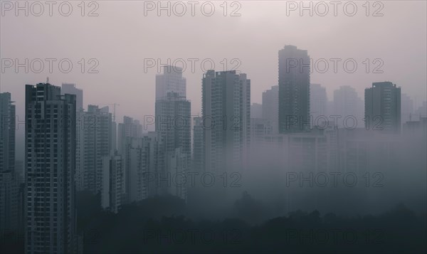 Urban landscape shrouded in smog with tall buildings barely visible AI generated