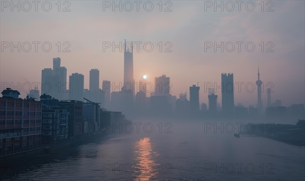 A city skyline obscured by thick smog, Industrial AI generated