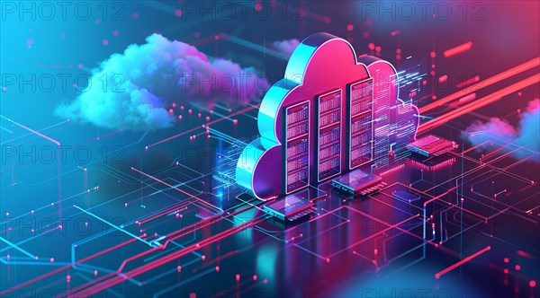 Cloud services concept and server farm supporting SAS cloud applications for enterprise clients, AI